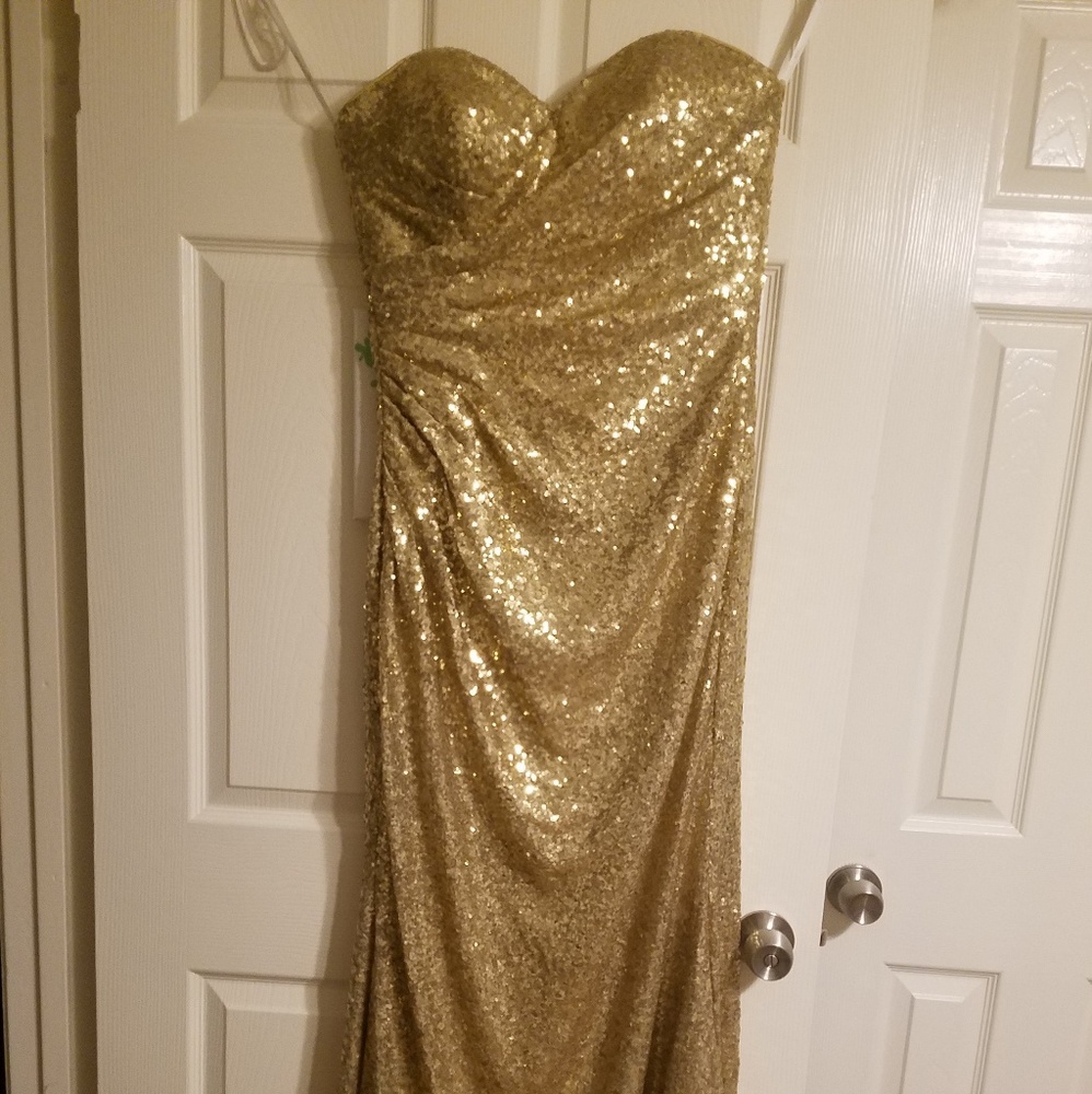 Gold sequin strapless gown
